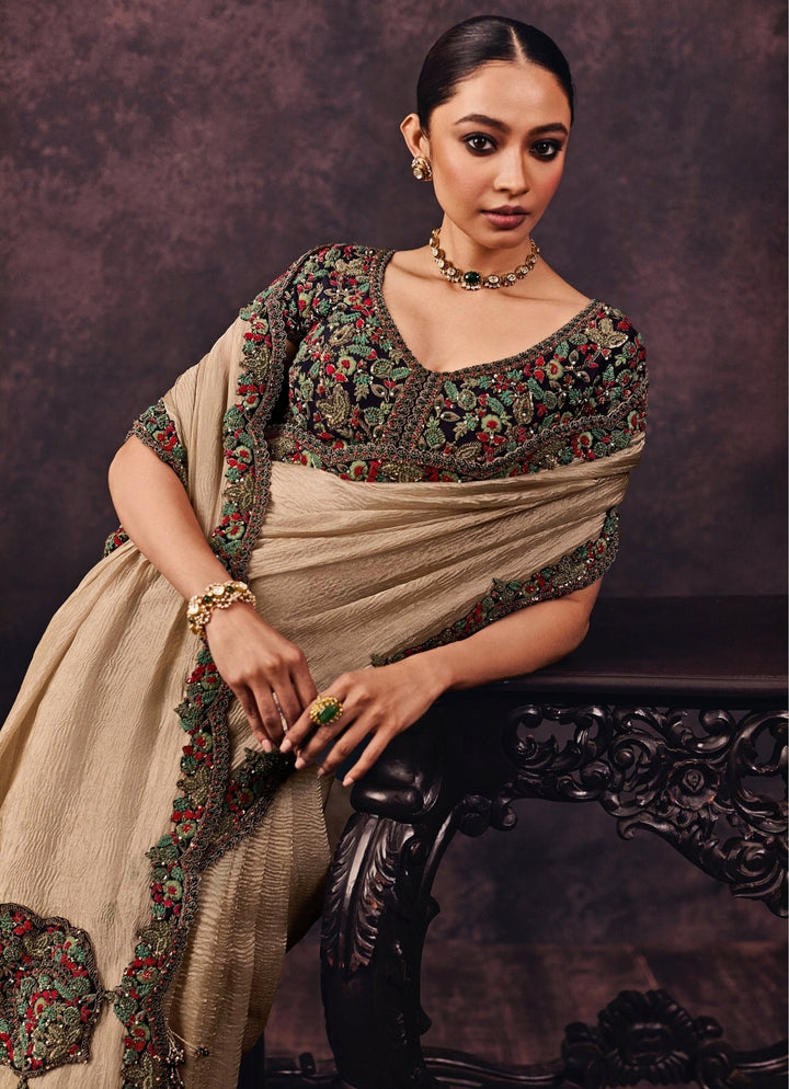 Prisho Beige Embroidered Crushed Tissue SareeFabilicious Fashion