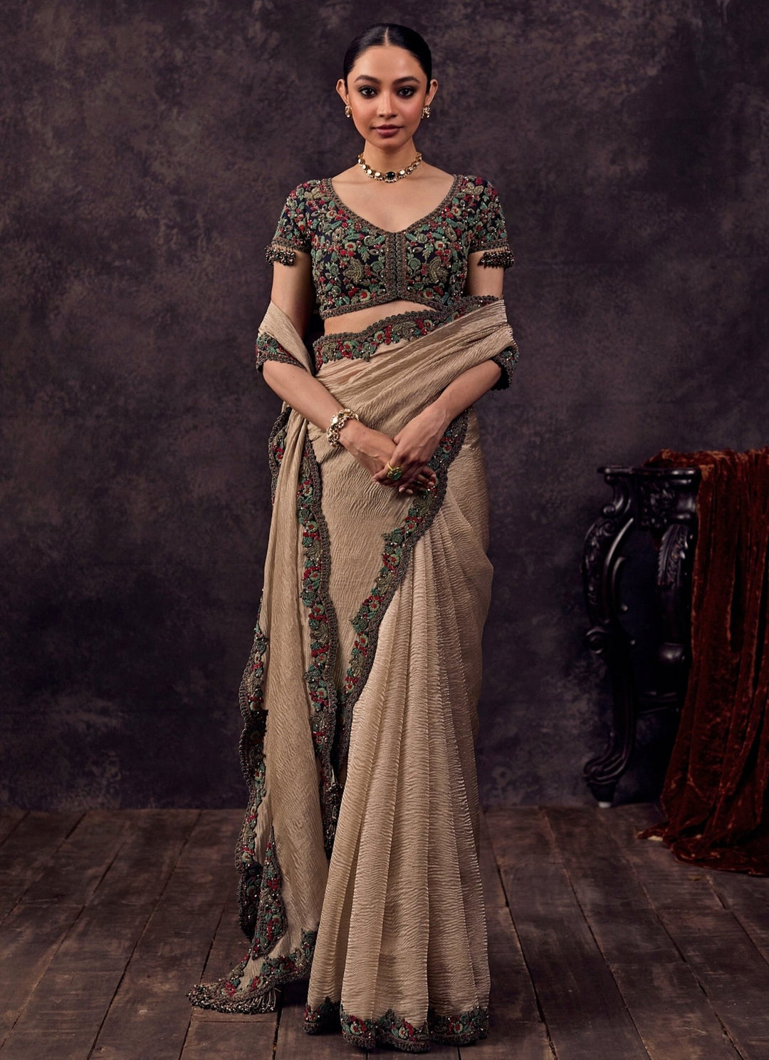 Prisho Beige Embroidered Crushed Tissue SareeFabilicious Fashion