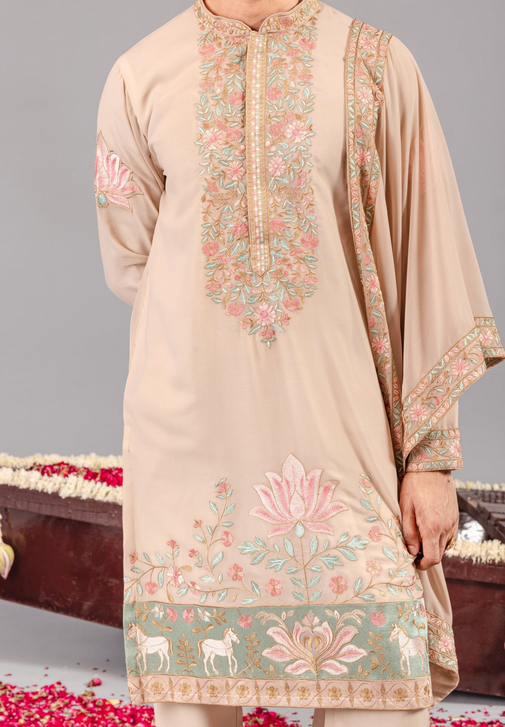 Beige Embroidered Georgette Kurta Pant Set Kalpraag - Fabilicious Fashion