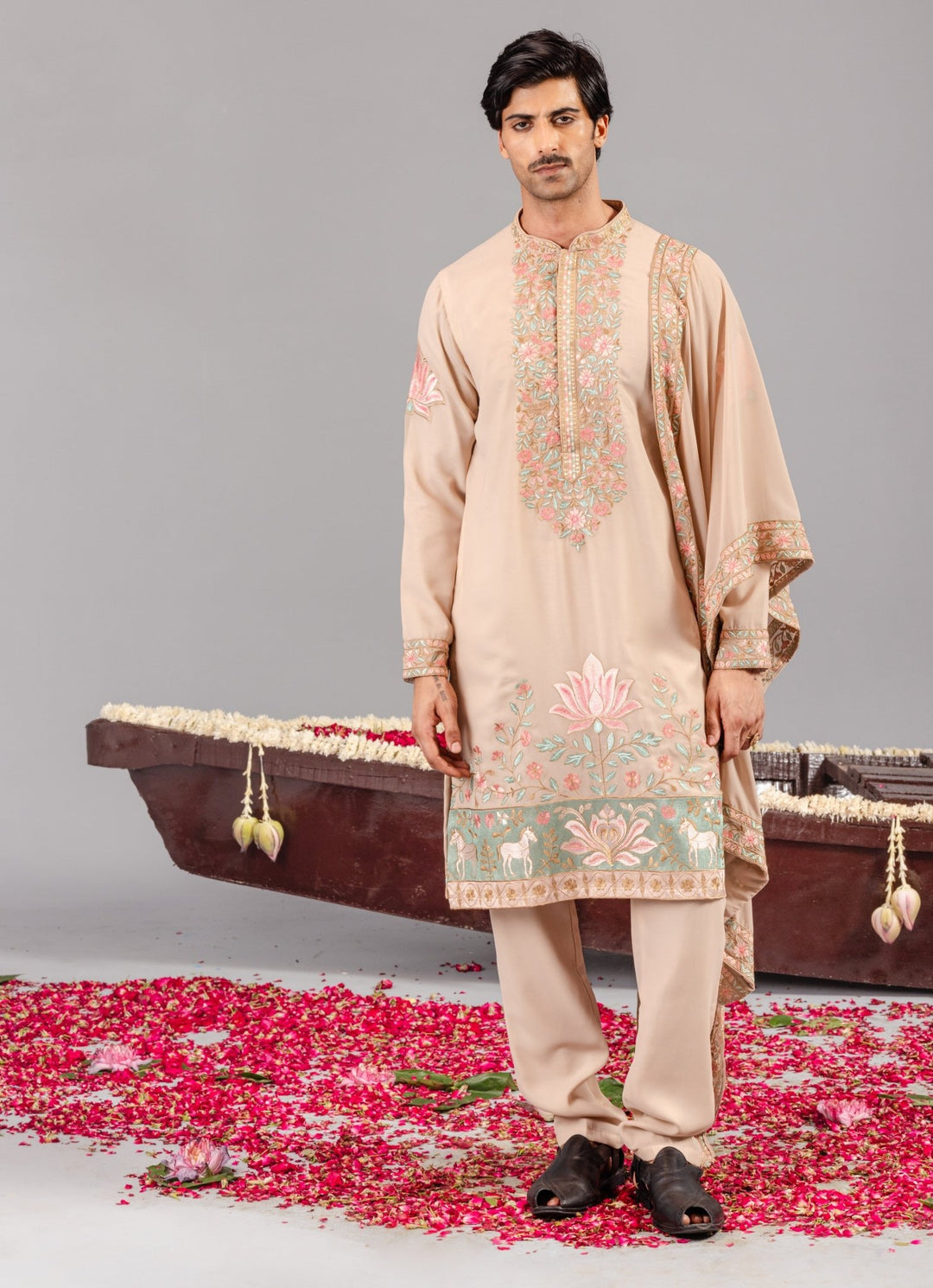 Beige Embroidered Georgette Kurta Pant Set Kalpraag - Fabilicious Fashion