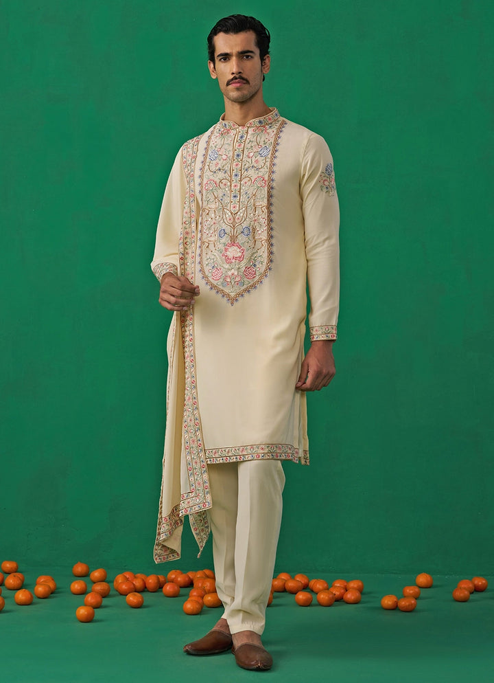 Beige Embroidered Georgette Kurta Set Kalpraag - Fabilicious Fashion