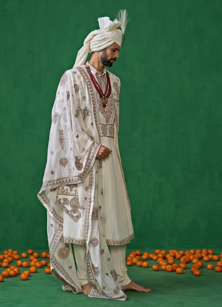 Beige Embroidered Georgette Sherwani Set Kalpraag - Fabilicious Fashion