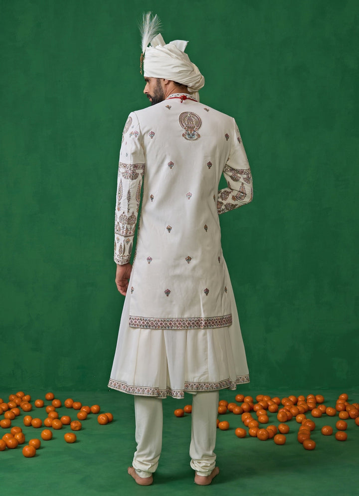 Beige Embroidered Georgette Sherwani Set Kalpraag - Fabilicious Fashion
