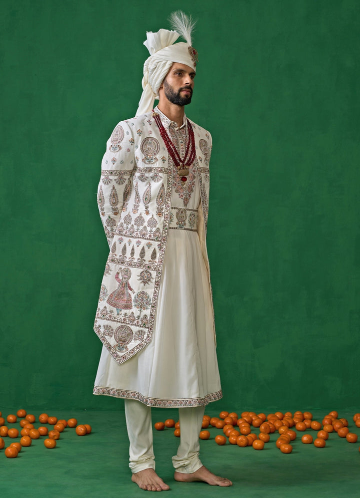 Beige Embroidered Georgette Sherwani Set Kalpraag - Fabilicious Fashion