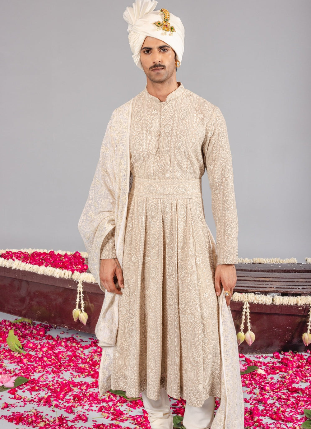 Beige Embroidered Georgette Sherwani Set Kalpraag - Fabilicious Fashion