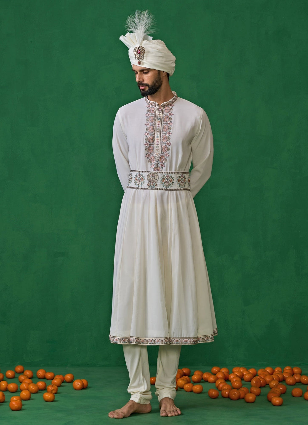 Beige Embroidered Georgette Sherwani Set Kalpraag - Fabilicious Fashion