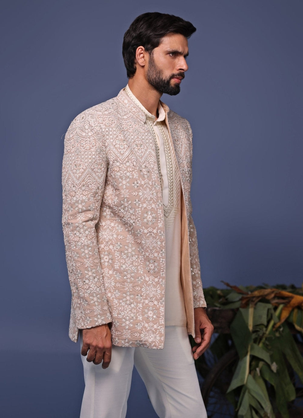 Beige Embroidered Jodhpuri Jacket Pant Set Kalpraag - Fabilicious Fashion