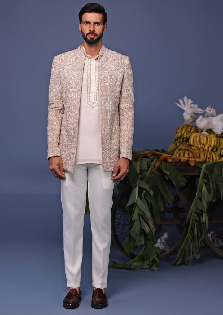 Beige Embroidered Jodhpuri Jacket Pant Set Kalpraag - Fabilicious Fashion