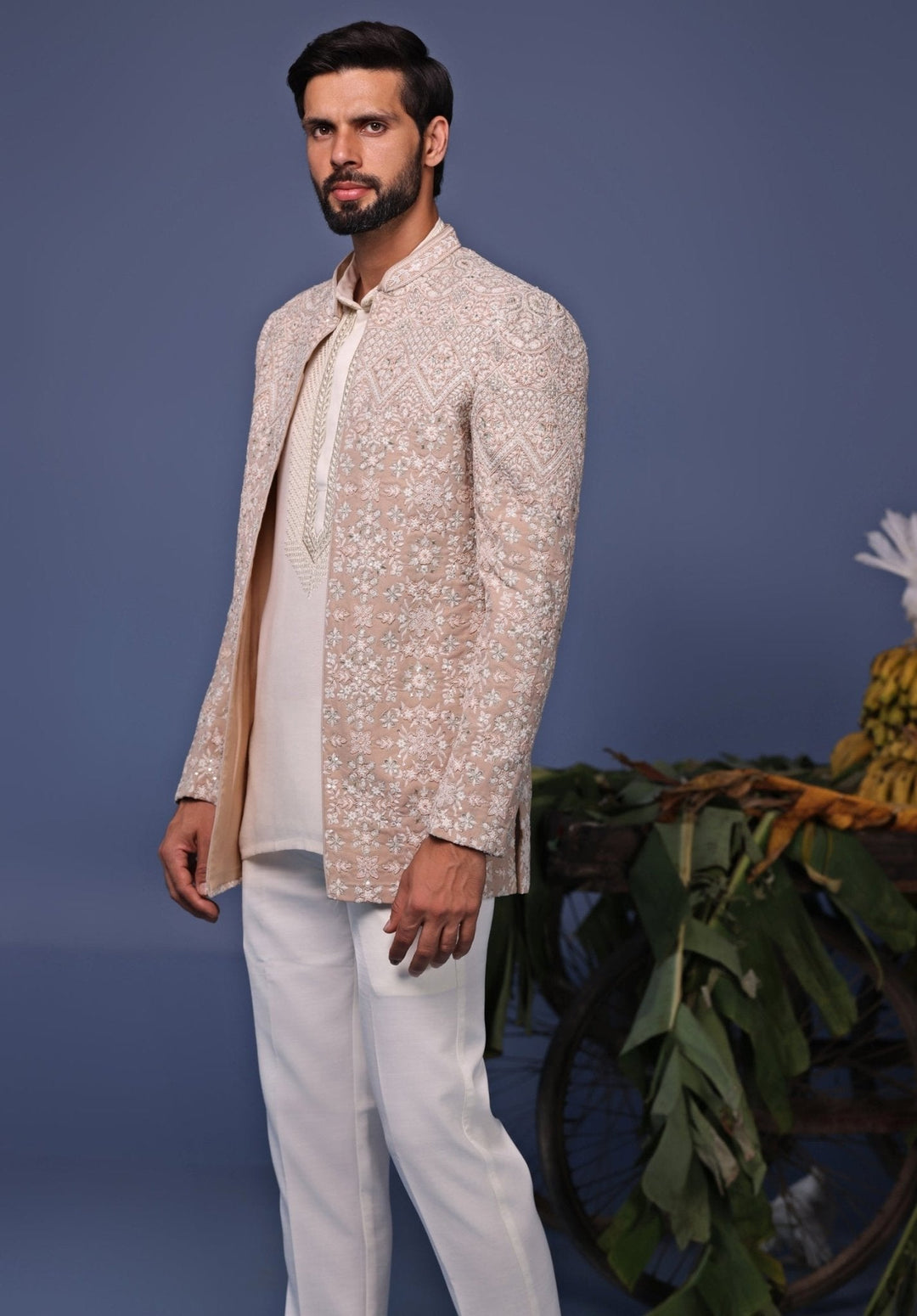 Beige Embroidered Jodhpuri Jacket Pant Set Kalpraag - Fabilicious Fashion