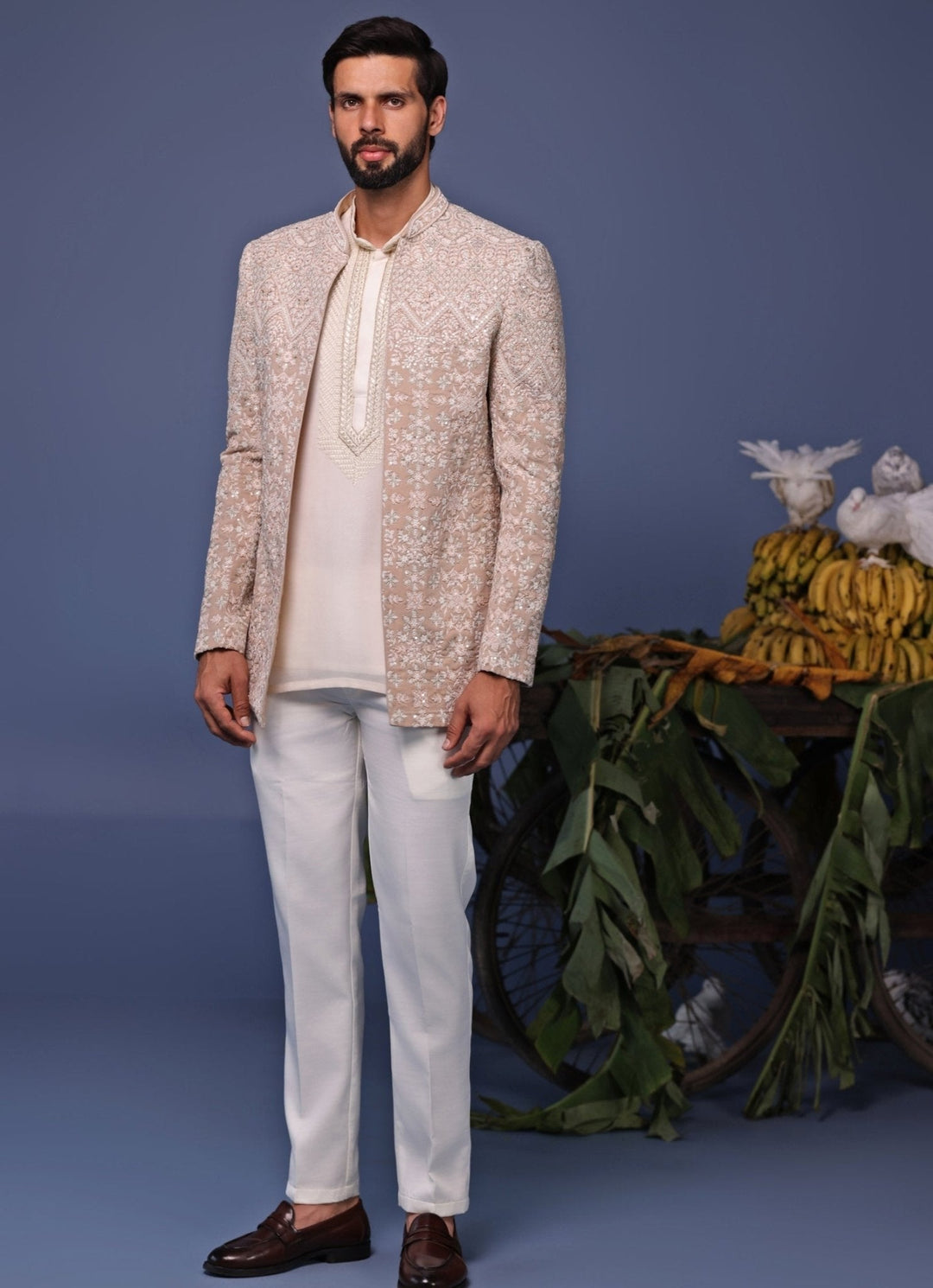 Beige Embroidered Jodhpuri Jacket Pant Set Kalpraag - Fabilicious Fashion