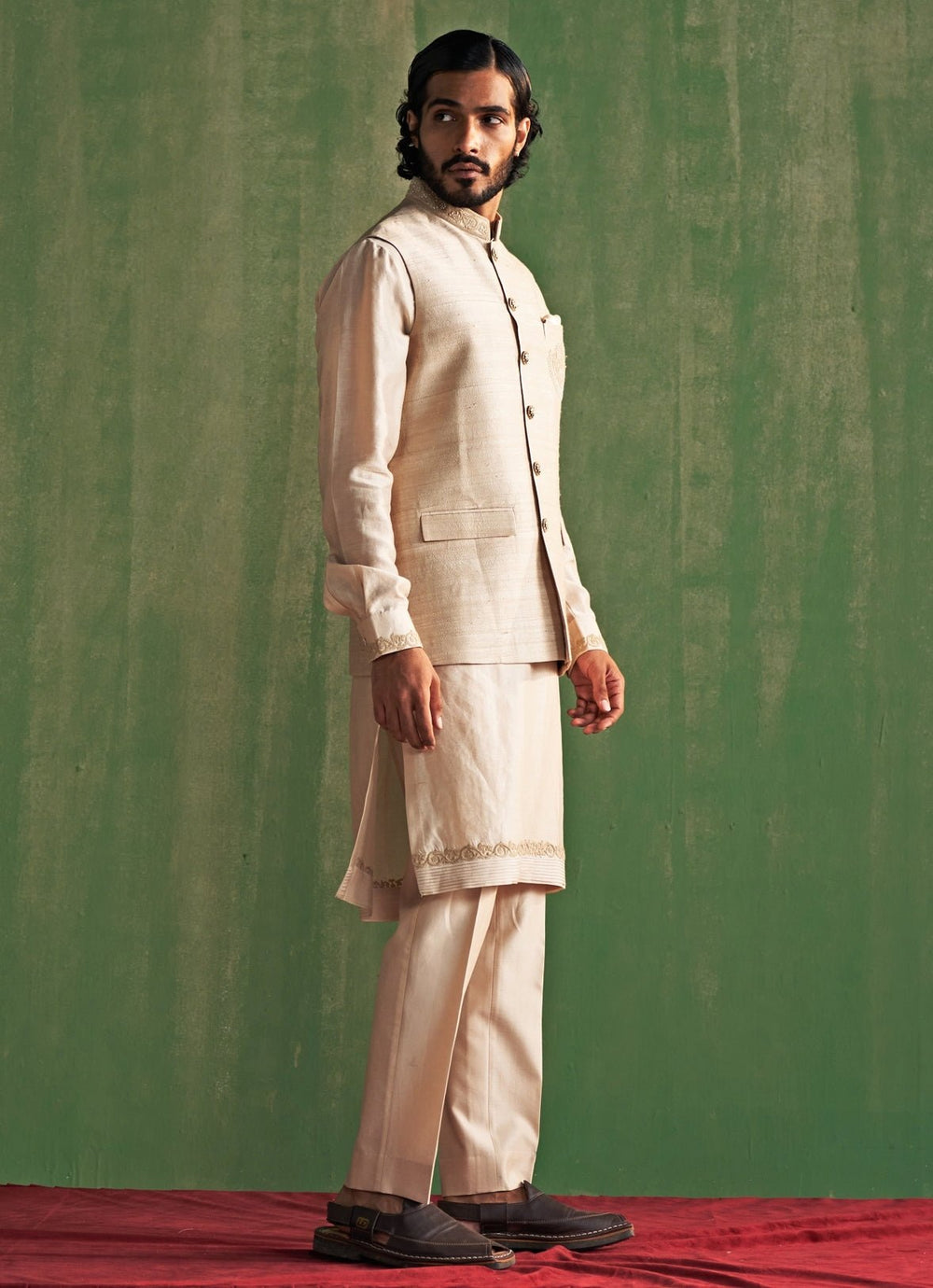 Beige Embroidered Kurta Bundi Set with Stole Studio Bagechaa - Men - Fabilicious Fashion