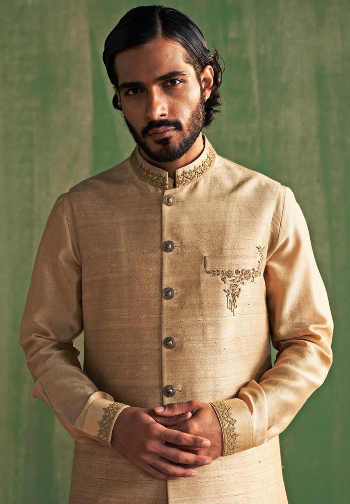 Beige Embroidered Kurta Bundi Set Studio Bagechaa - Men - Fabilicious Fashion