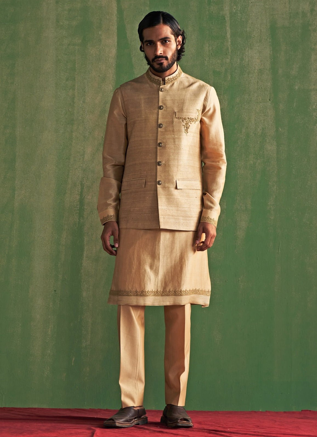 Beige Embroidered Kurta Bundi Set Studio Bagechaa - Men - Fabilicious Fashion