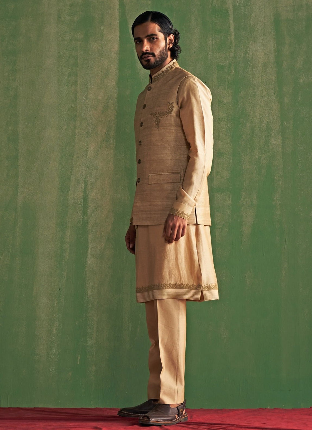 Beige Embroidered Kurta Bundi Set Studio Bagechaa - Men - Fabilicious Fashion