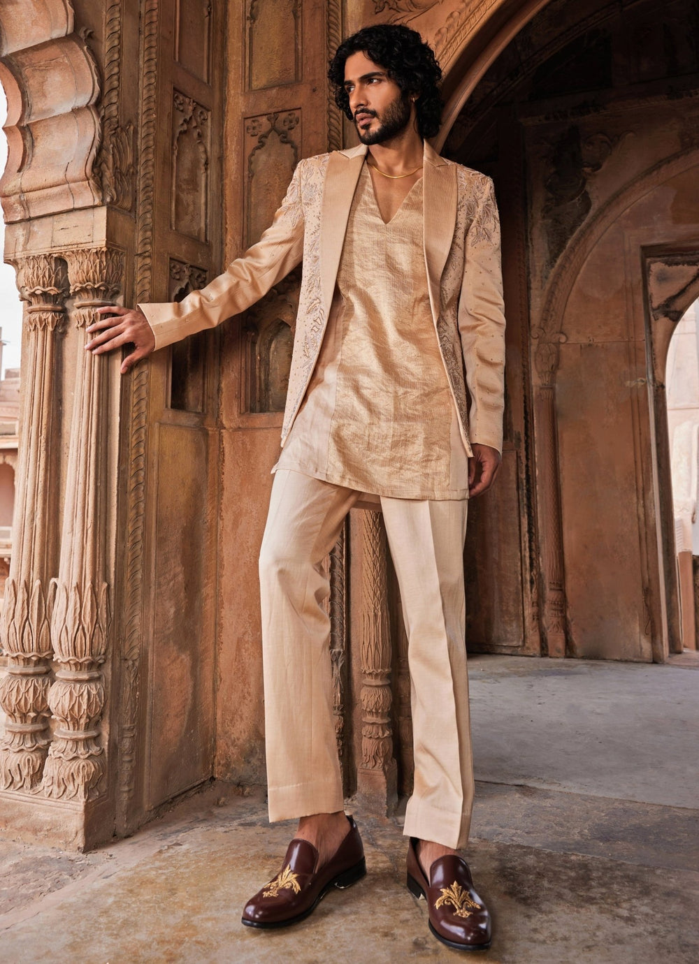 Beige Embroidered Kurta Jacket Set Contrast By Parth - Fabilicious Fashion