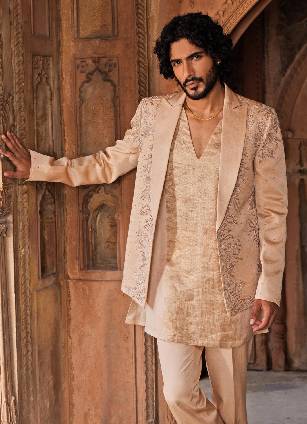 Beige Embroidered Kurta Jacket Set Contrast By Parth - Fabilicious Fashion