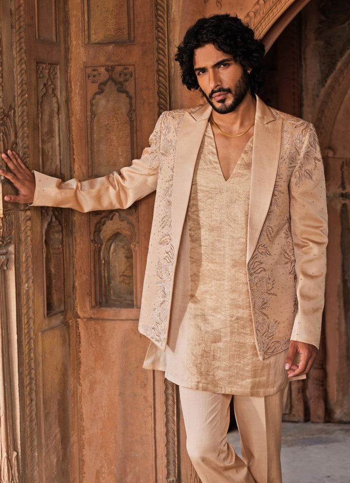Beige Embroidered Kurta Jacket Set Contrast By Parth - Fabilicious Fashion