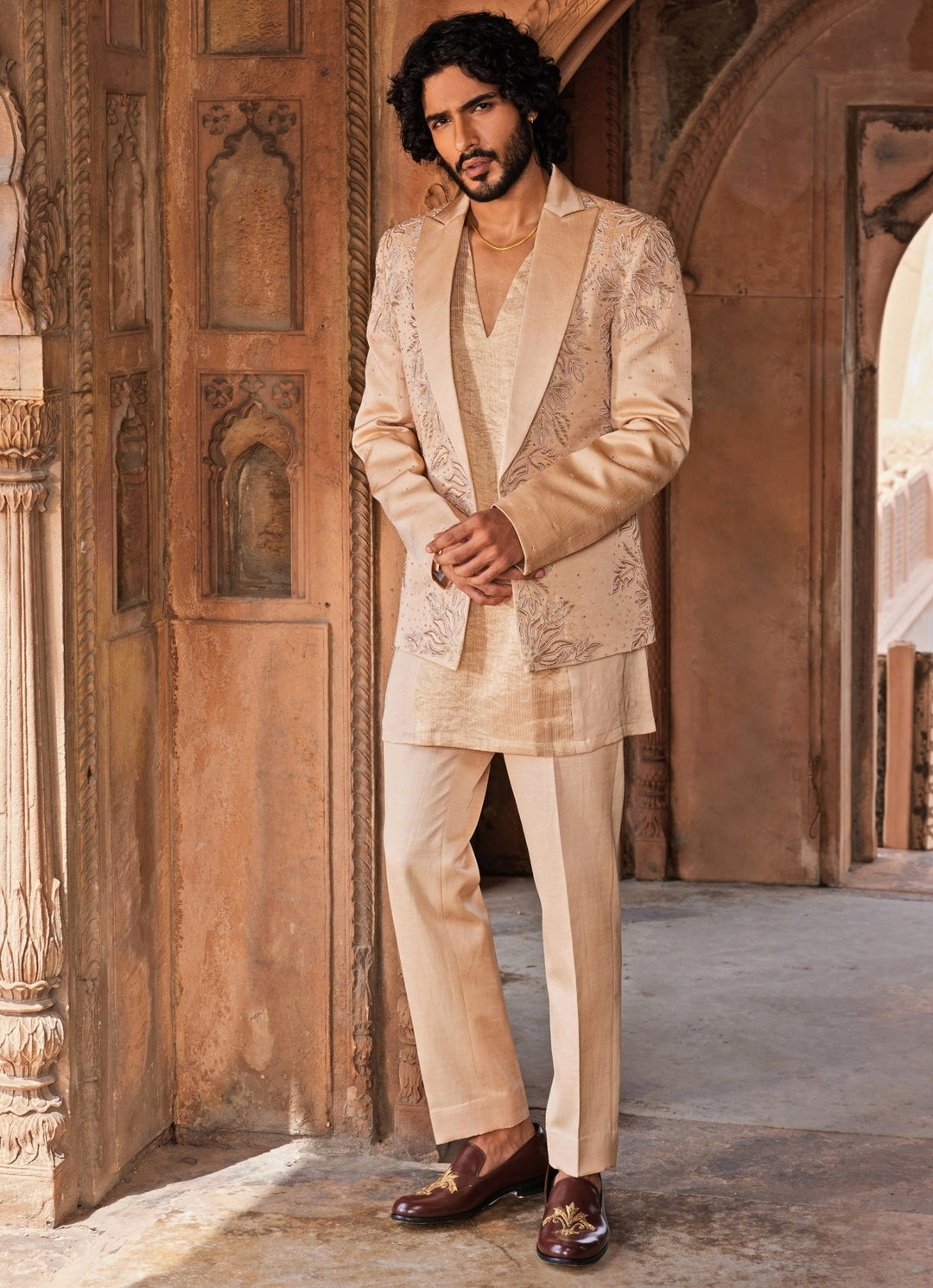 Beige Embroidered Kurta Jacket Set Contrast By Parth - Fabilicious Fashion
