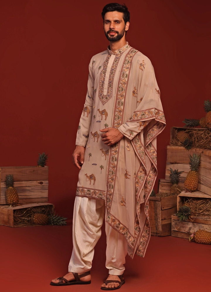 Beige Embroidered Kurta Patiala Pant Set Kalpraag - Fabilicious Fashion
