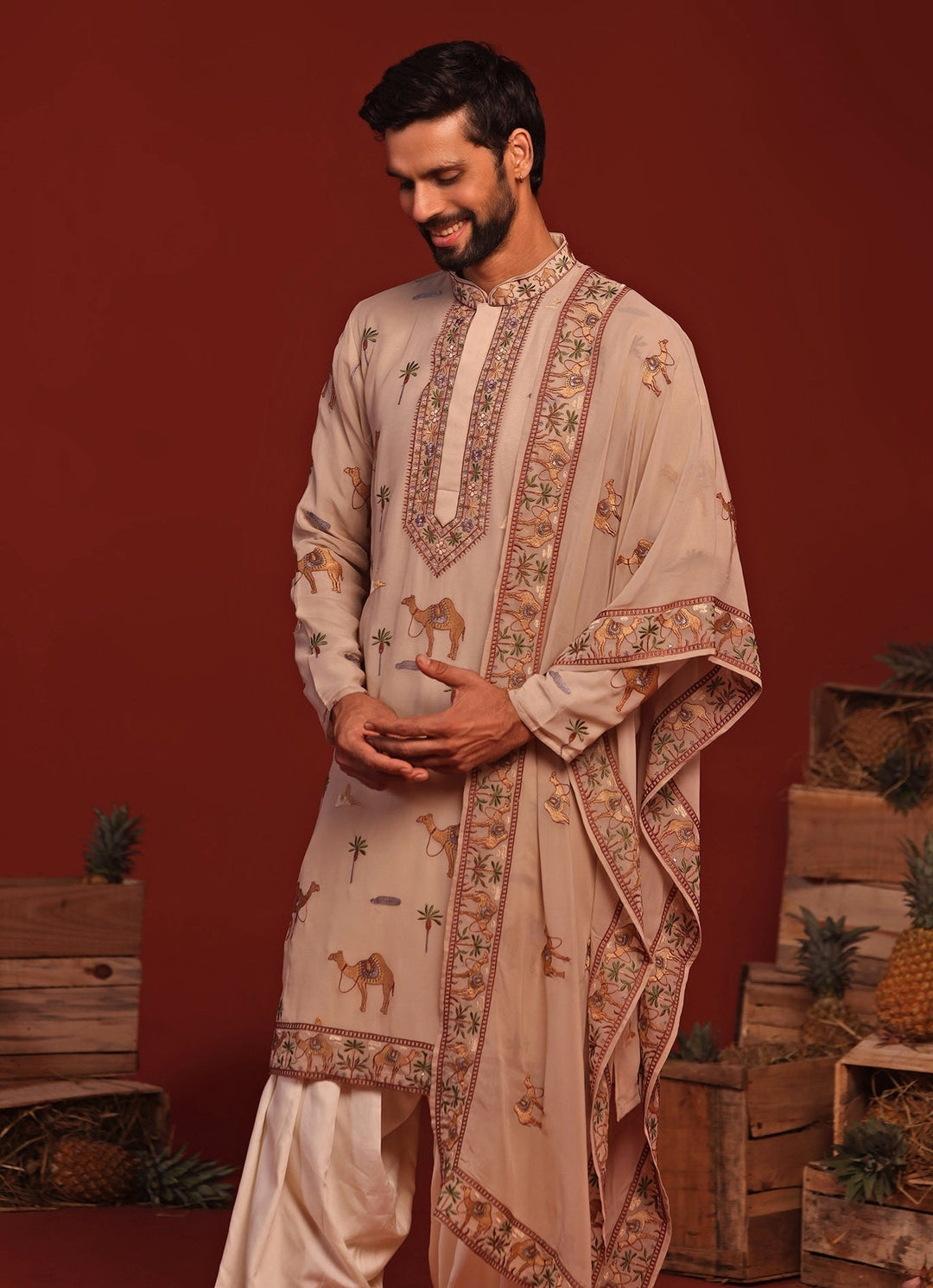 Beige Embroidered Kurta Patiala Pant Set Kalpraag - Fabilicious Fashion