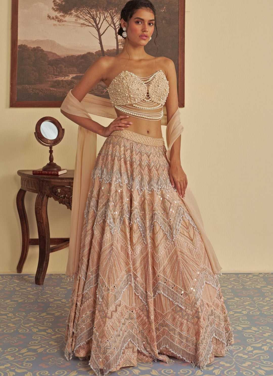 Beige Embroidered Lehenga Set Jade by Ashima - Fabilicious Fashion