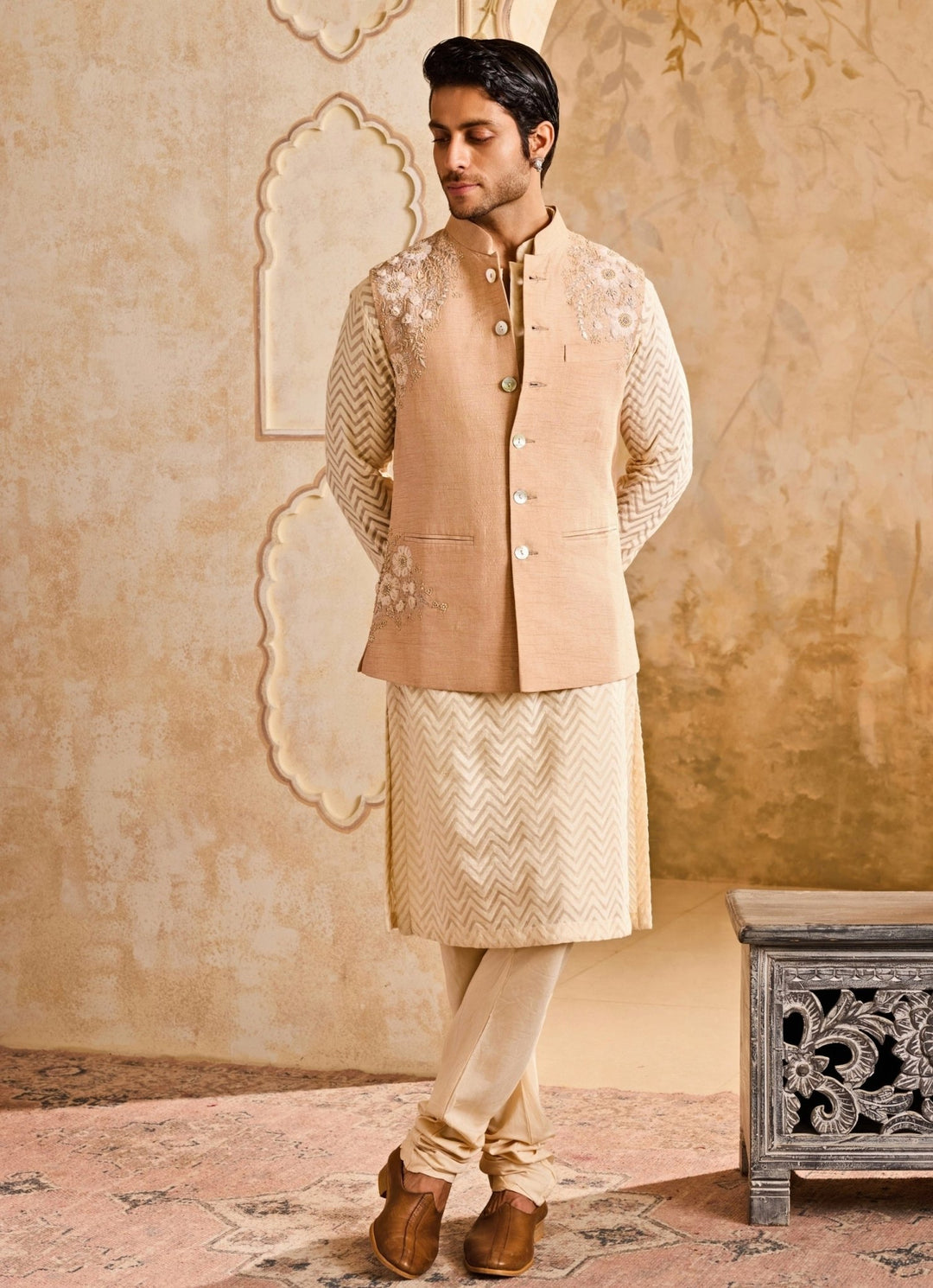 Beige Embroidered Linen Nehru Jacket Set Nitika Gujral - Men - Fabilicious Fashion