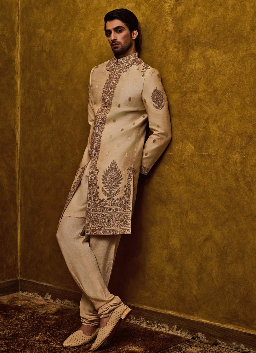 Beige Embroidered Monga Tussar Sherwani Set Nitika Gujral - Men - Fabilicious Fashion