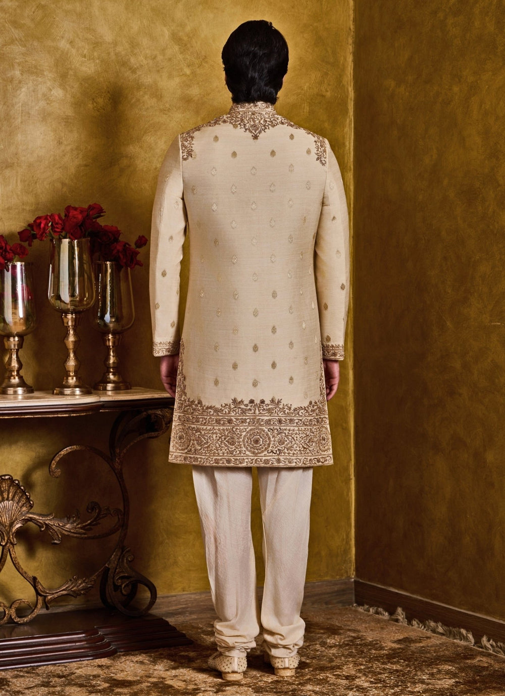 Beige Embroidered Monga Tussar Sherwani Set Nitika Gujral - Men - Fabilicious Fashion