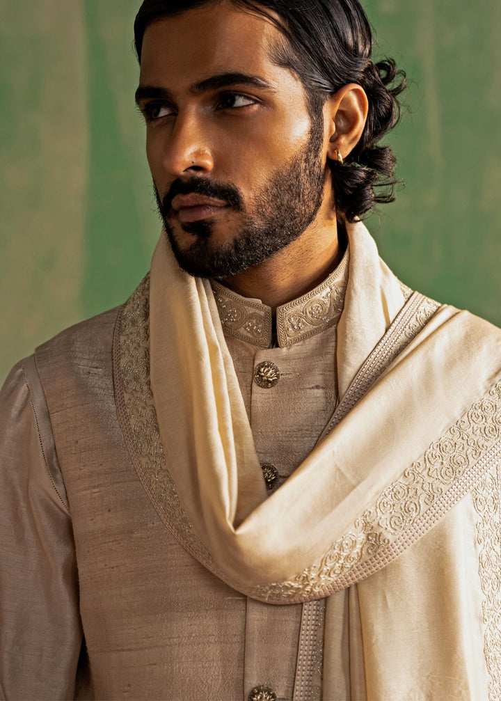 Beige Embroidered Nehru Jacket Set Studio Bagechaa - Men - Fabilicious Fashion