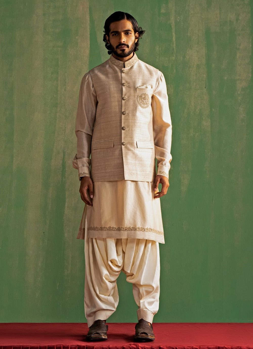 Beige Embroidered Nehru Jacket Set Studio Bagechaa - Men - Fabilicious Fashion