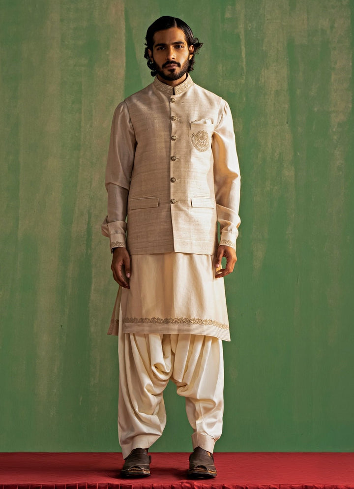 Beige Embroidered Nehru Jacket Set Studio Bagechaa - Men - Fabilicious Fashion