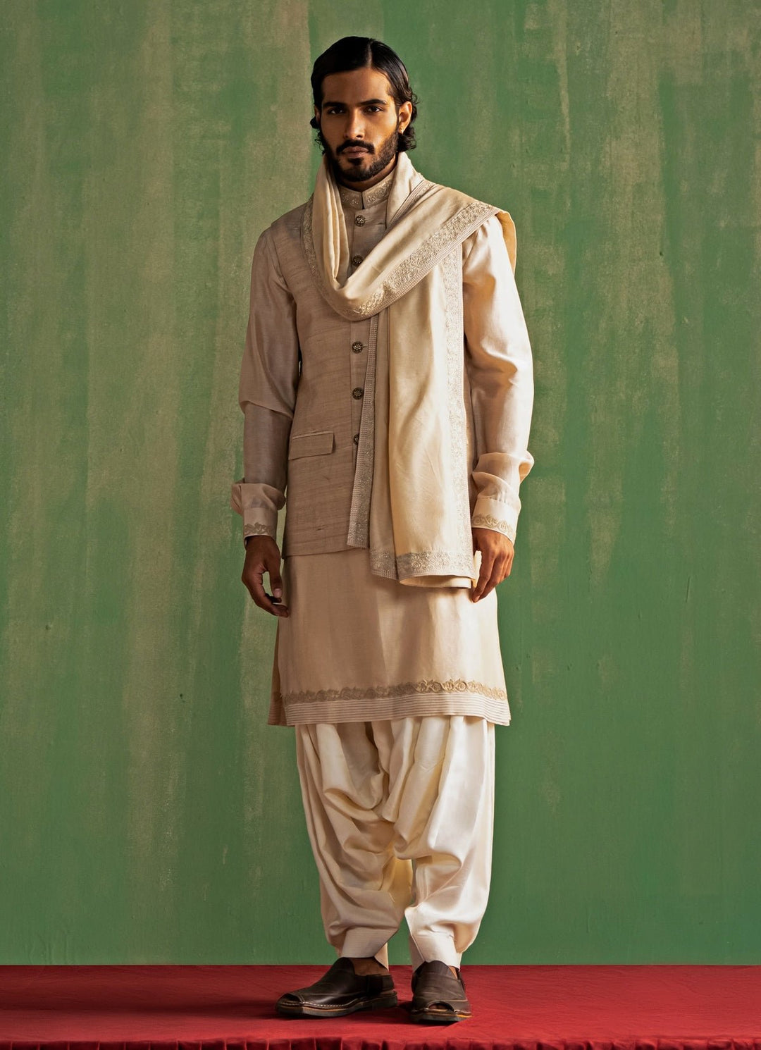 Beige Embroidered Nehru Jacket Set Studio Bagechaa - Men - Fabilicious Fashion