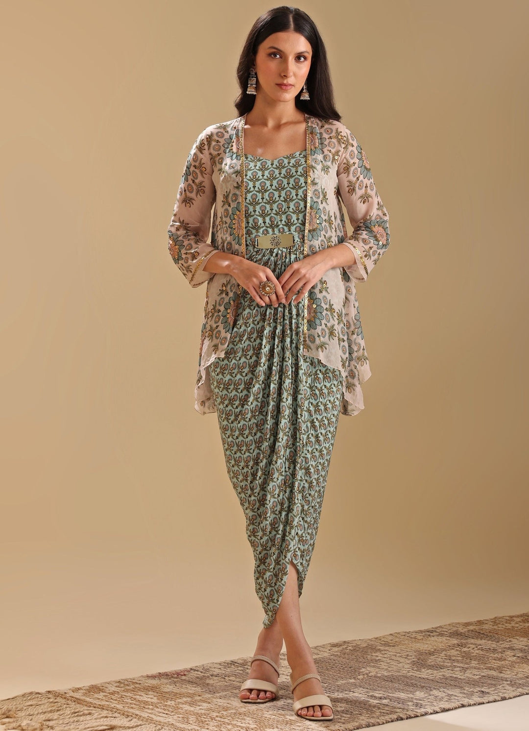Soup by Sougat Paul Beige Organza Jacket With Printed Green Drape Dress Fabilicious Fashion Soup by Sougat Paul Beige Organza Jacket With Printed Green Drape Dress Fabilicious Fashion