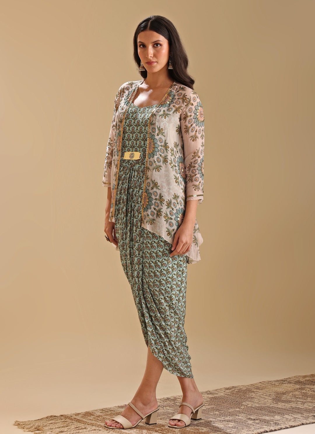 Beige Embroidered Organza Jacket With Printed Green Drape Dress Soup By Sougat Paul - Fabilicious Fashion