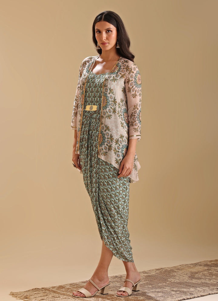 Beige Embroidered Organza Jacket With Printed Green Drape Dress Soup By Sougat Paul - Fabilicious Fashion