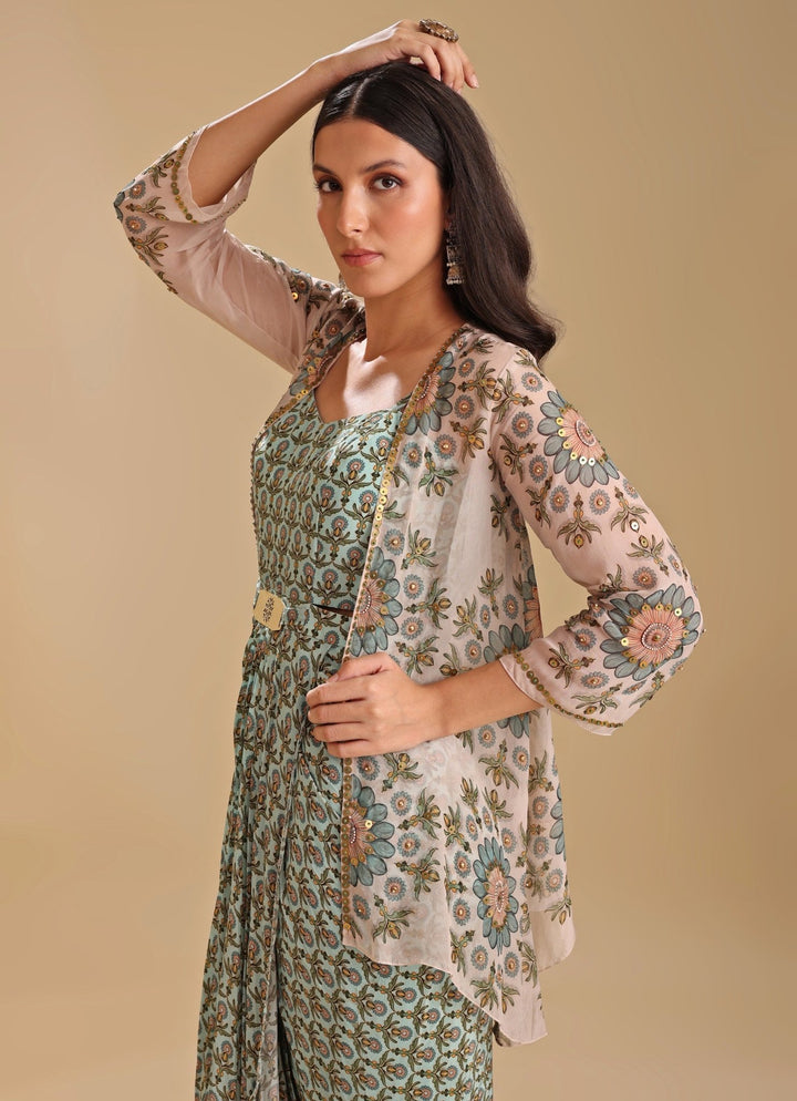 Beige Embroidered Organza Jacket With Printed Green Drape Dress Soup By Sougat Paul - Fabilicious Fashion