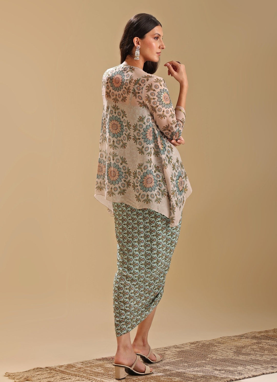 Beige Embroidered Organza Jacket With Printed Green Drape Dress Soup By Sougat Paul - Fabilicious Fashion