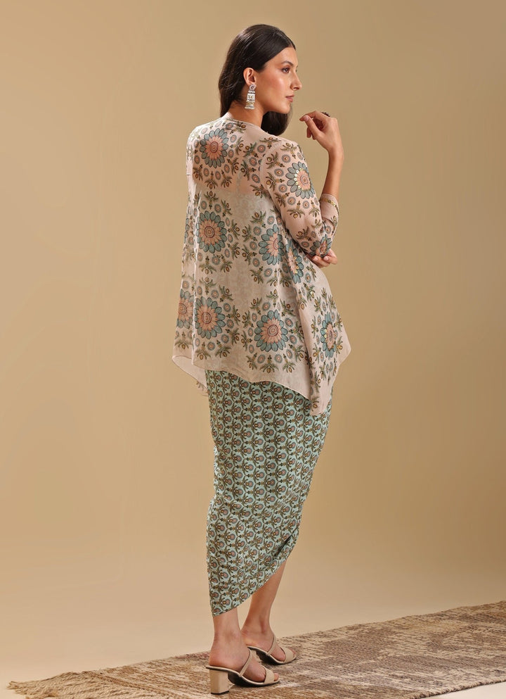 Beige Embroidered Organza Jacket With Printed Green Drape Dress Soup By Sougat Paul - Fabilicious Fashion