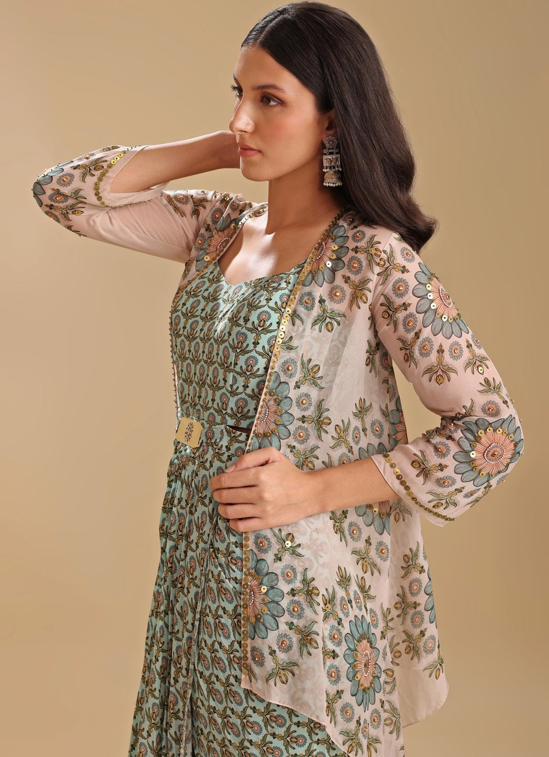 Beige Embroidered Organza Jacket With Printed Green Drape Dress Soup By Sougat Paul - Fabilicious Fashion