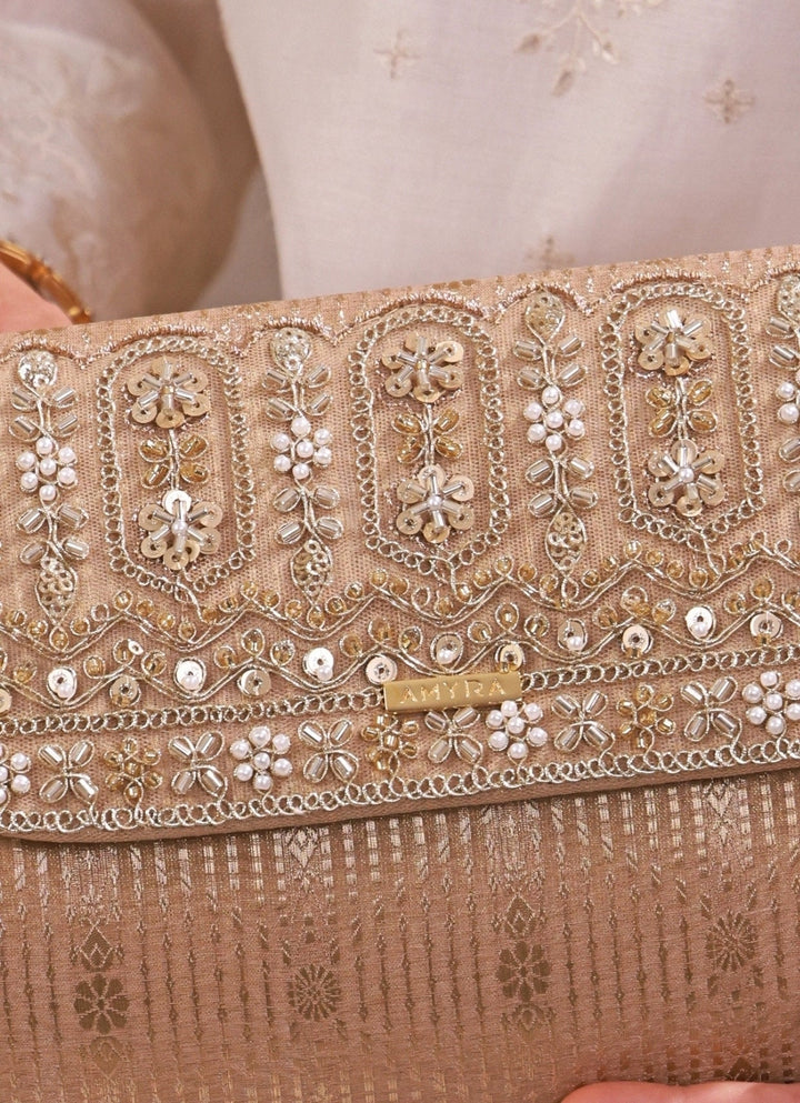 Amyra Beige Embroidered Organza Silk Flapover BagFabilicious Fashion