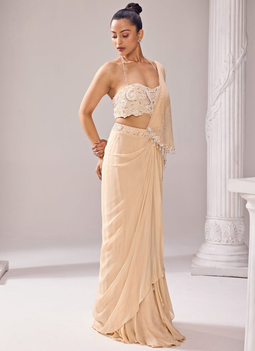 Beige Embroidered Predraped Crepe Saree Jade by Ashima - Fabilicious Fashion
