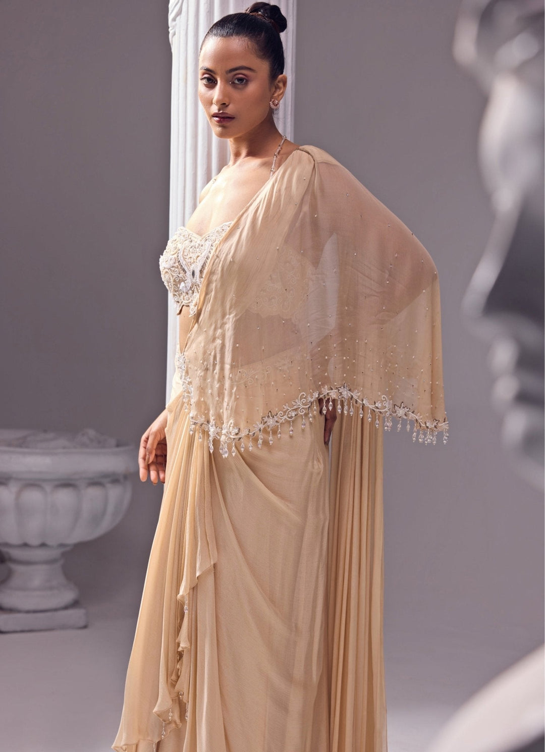 Beige Embroidered Predraped Crepe Saree Jade by Ashima - Fabilicious Fashion