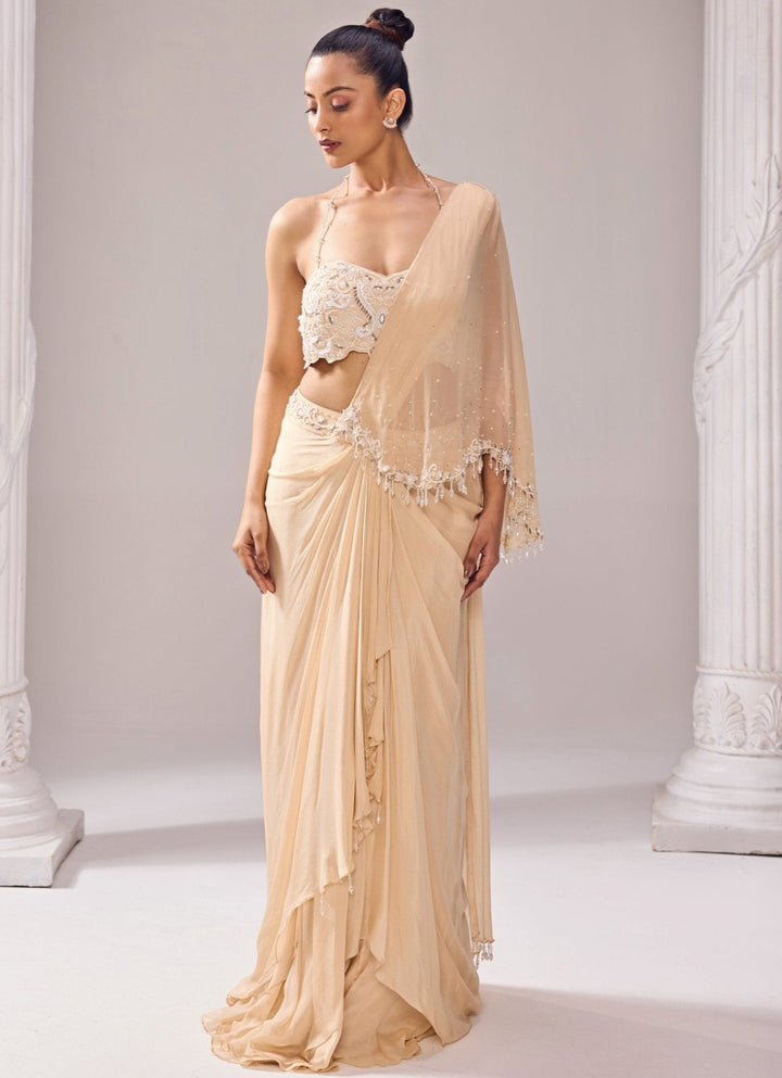 Beige Embroidered Predraped Crepe Saree Jade by Ashima - Fabilicious Fashion