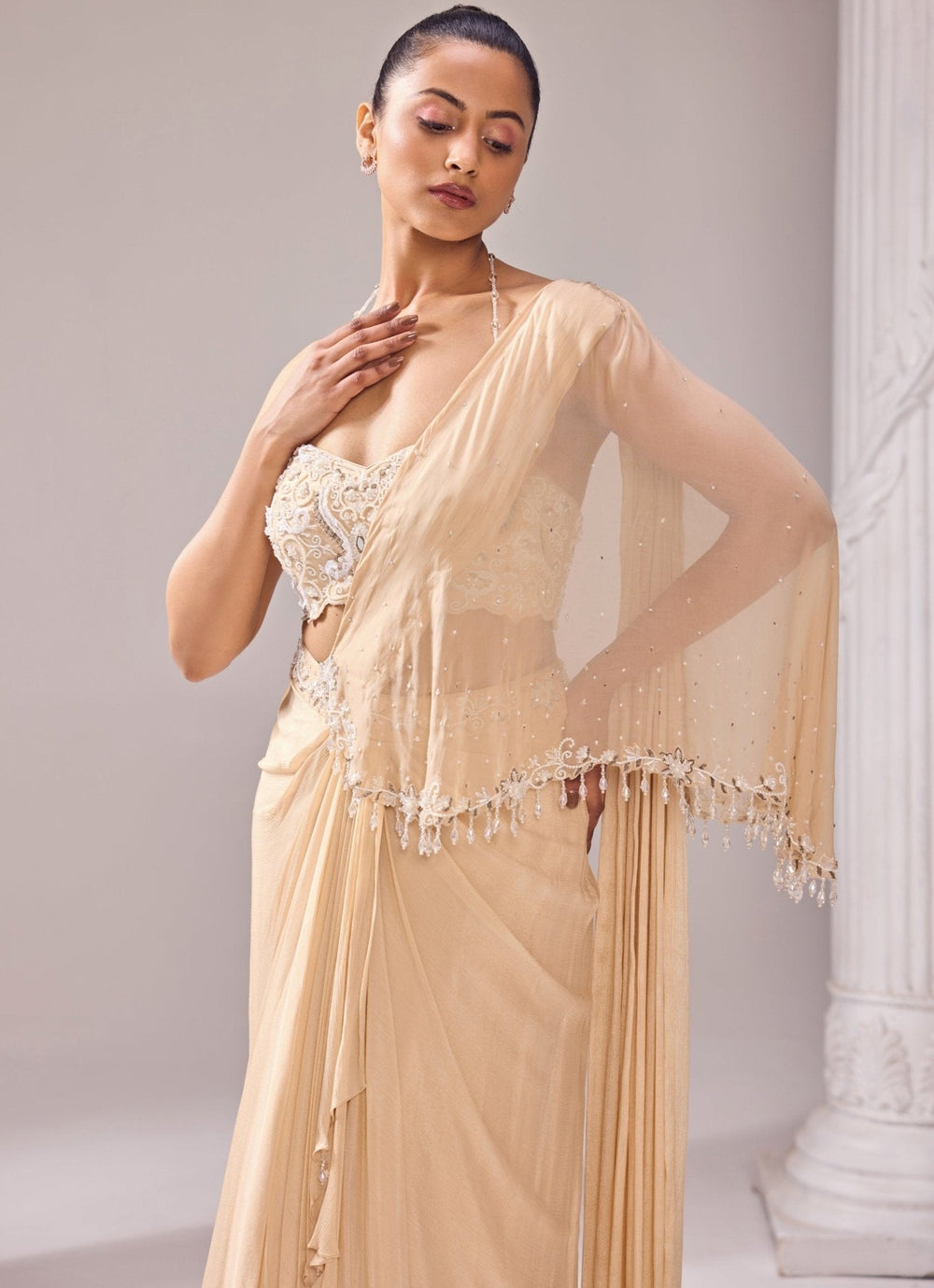 Beige Embroidered Predraped Crepe Saree Jade by Ashima - Fabilicious Fashion