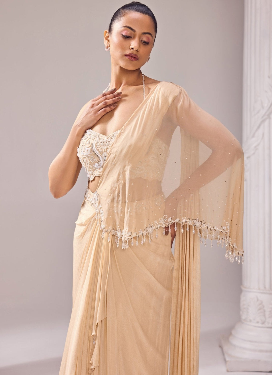 Beige Embroidered Predraped Crepe Saree Jade by Ashima - Fabilicious Fashion
