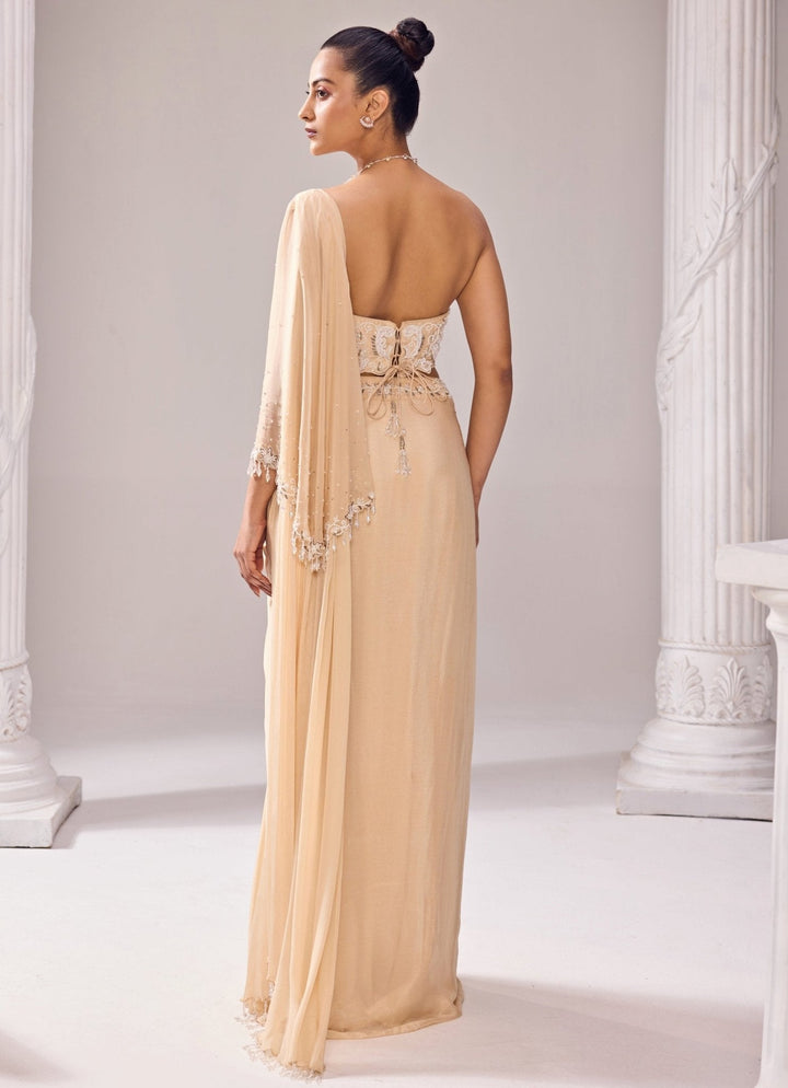 Beige Embroidered Predraped Crepe Saree Jade by Ashima - Fabilicious Fashion