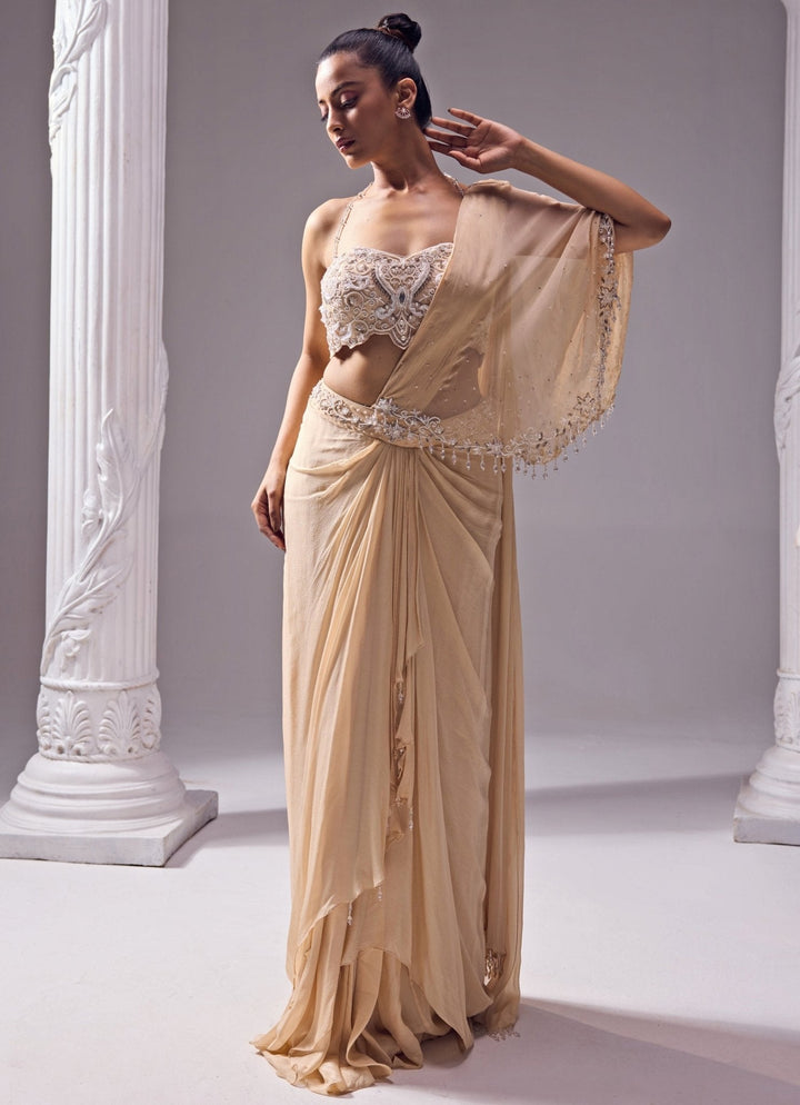 Beige Embroidered Predraped Crepe Saree Jade by Ashima - Fabilicious Fashion
