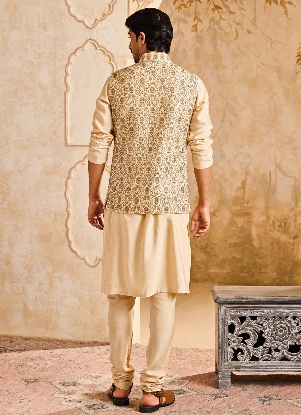 Beige Embroidered Raw Silk Nehru Jacket Set Nitika Gujral - Men - Fabilicious Fashion