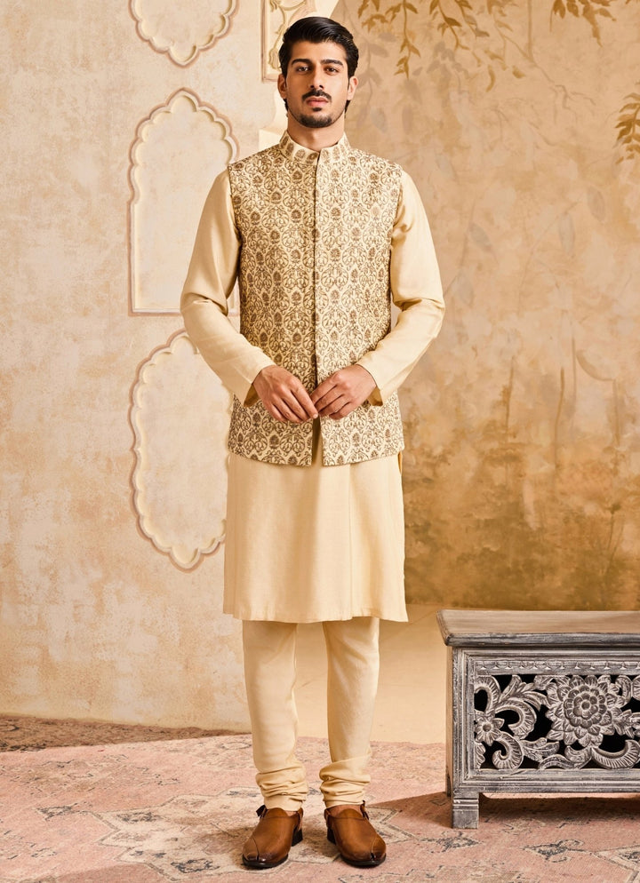 Beige Embroidered Raw Silk Nehru Jacket Set Nitika Gujral - Men - Fabilicious Fashion