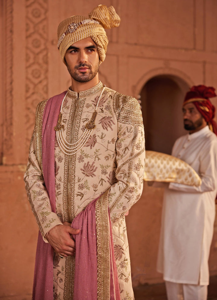 Beige Embroidered Sherwani Set Contrast By Parth - Fabilicious Fashion